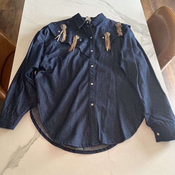 IIF Vintage 80s Tassel Western Blue Denim Snap Up Long Sleeve Shirt Womens Sz Lg - Picture 1 of 12